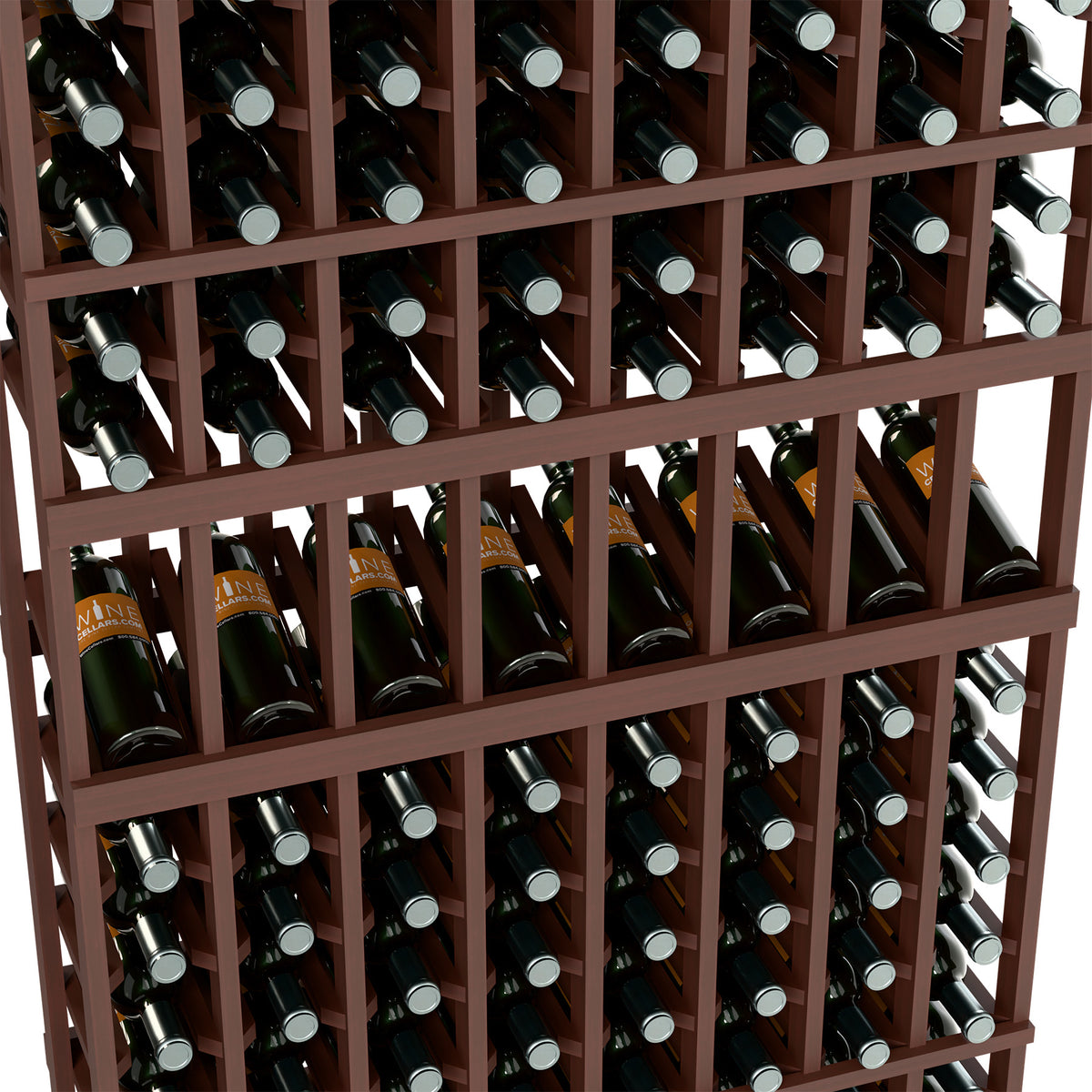 Wine bottle display rack close-up, dark wood dividers with bottles in slots