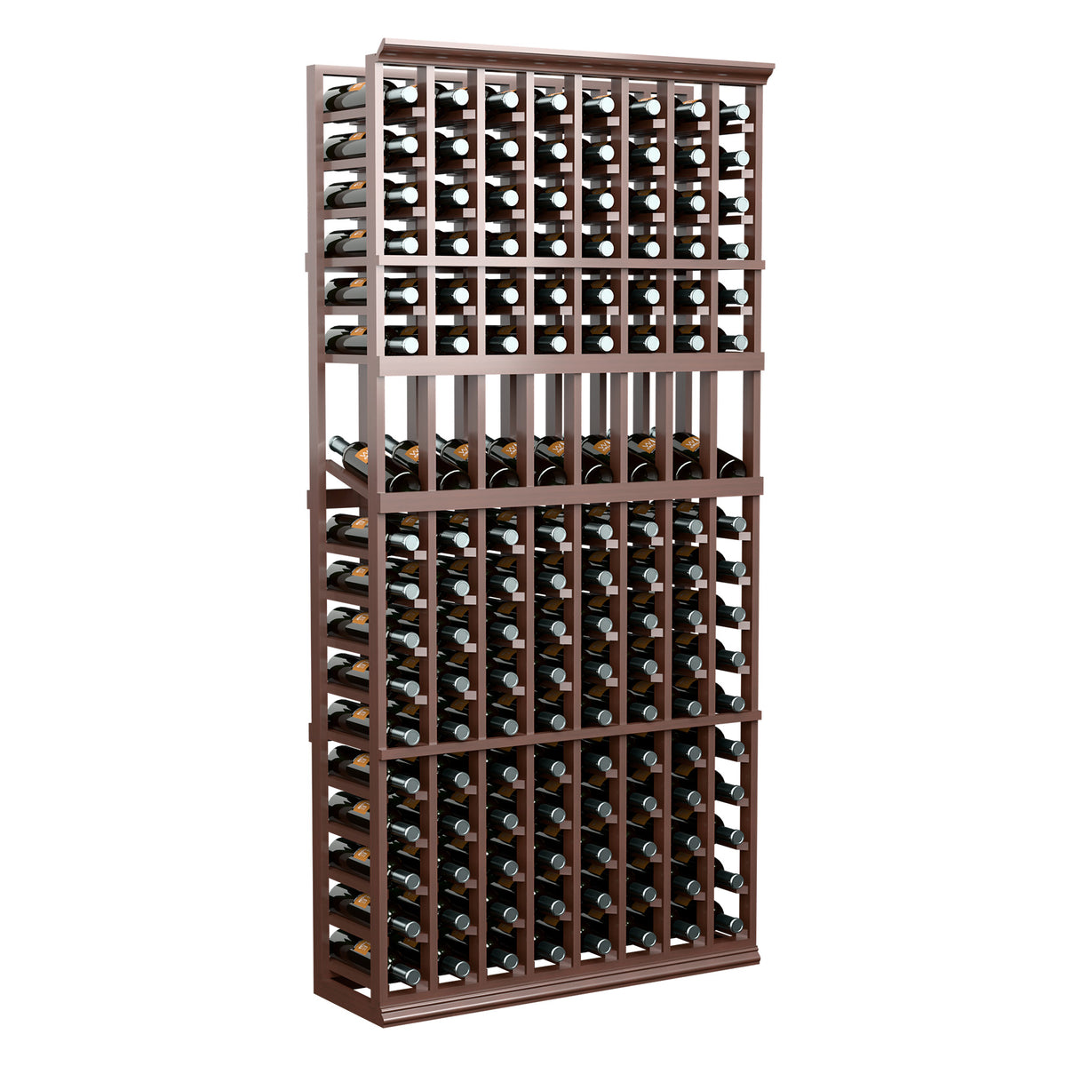 8-column wine bottle display rack with dark wood frame and glass-bottle holders