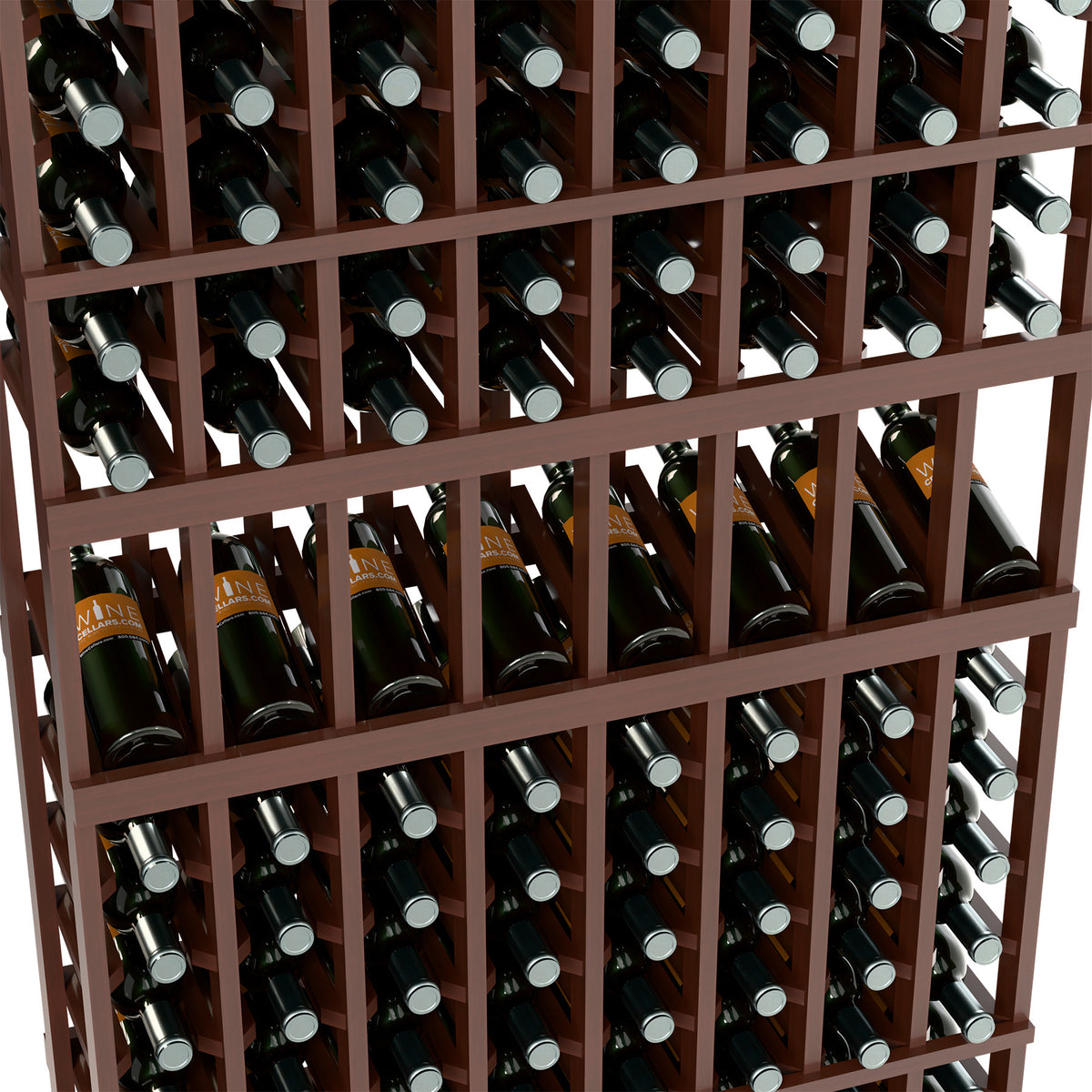 Close-up of dark wood wine rack cells holding bottles with silver caps