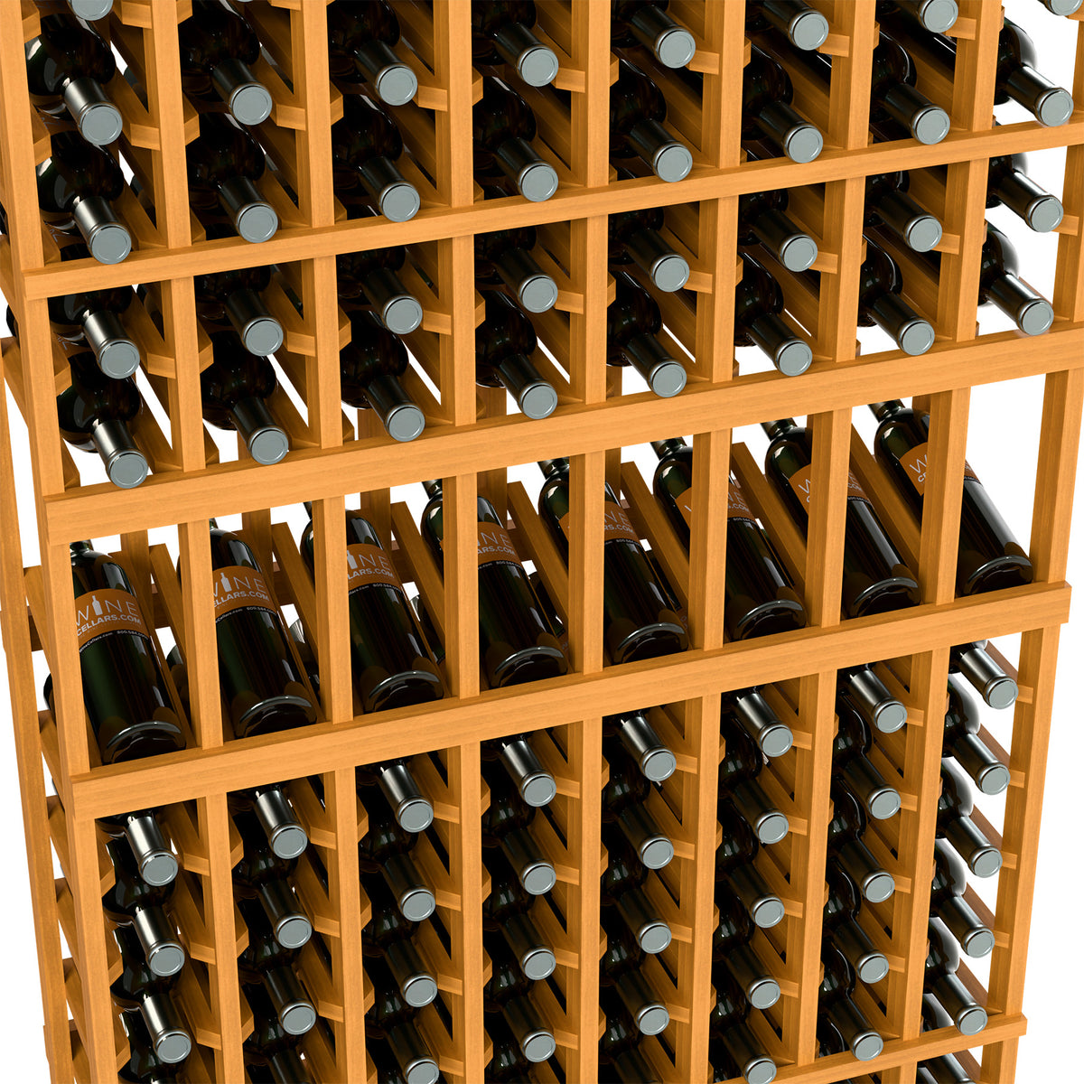 Close-up of light wood wine rack with bottle holders and silver-capped bottles