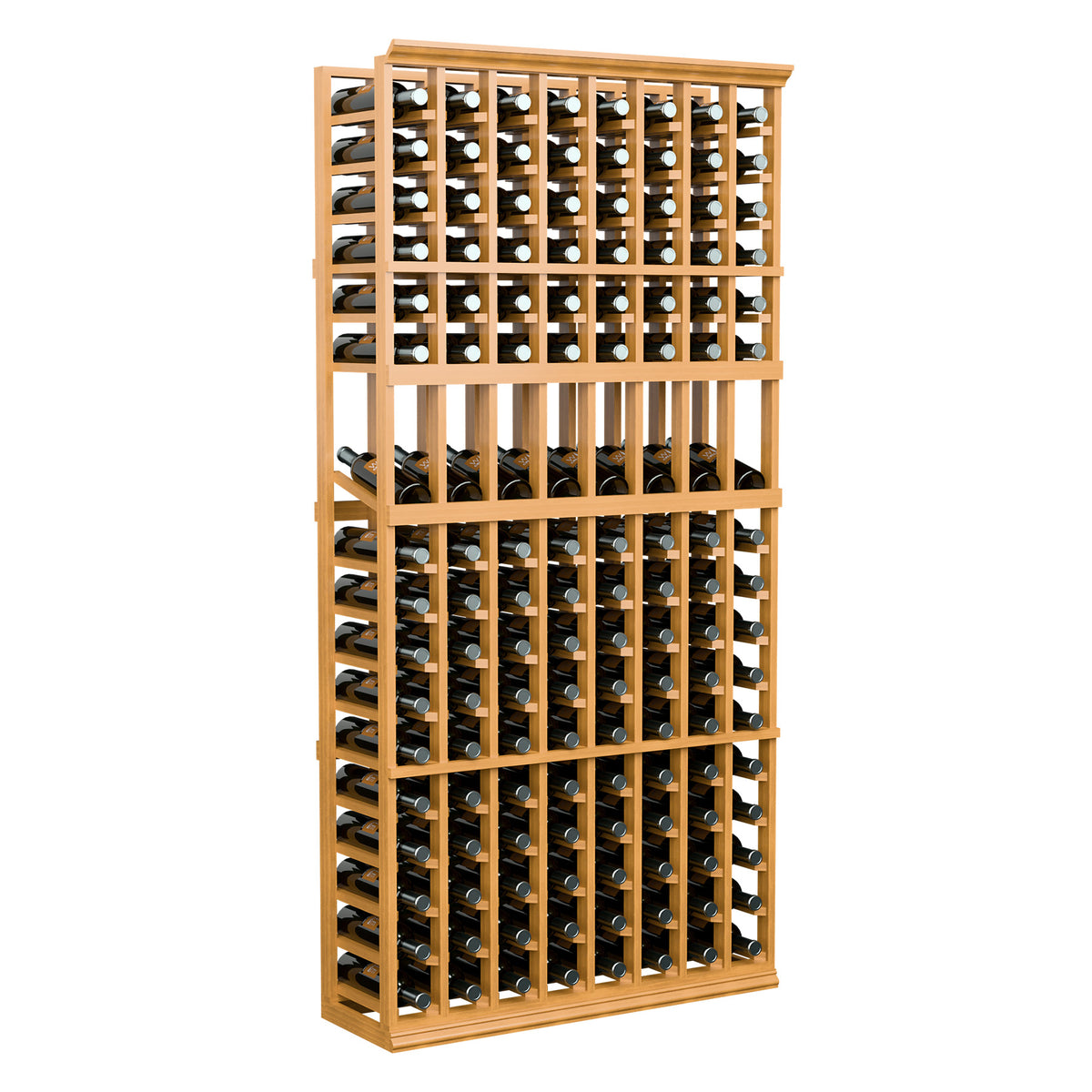 8-column wine bottle display rack with warm light wood frame and bottle storage rows