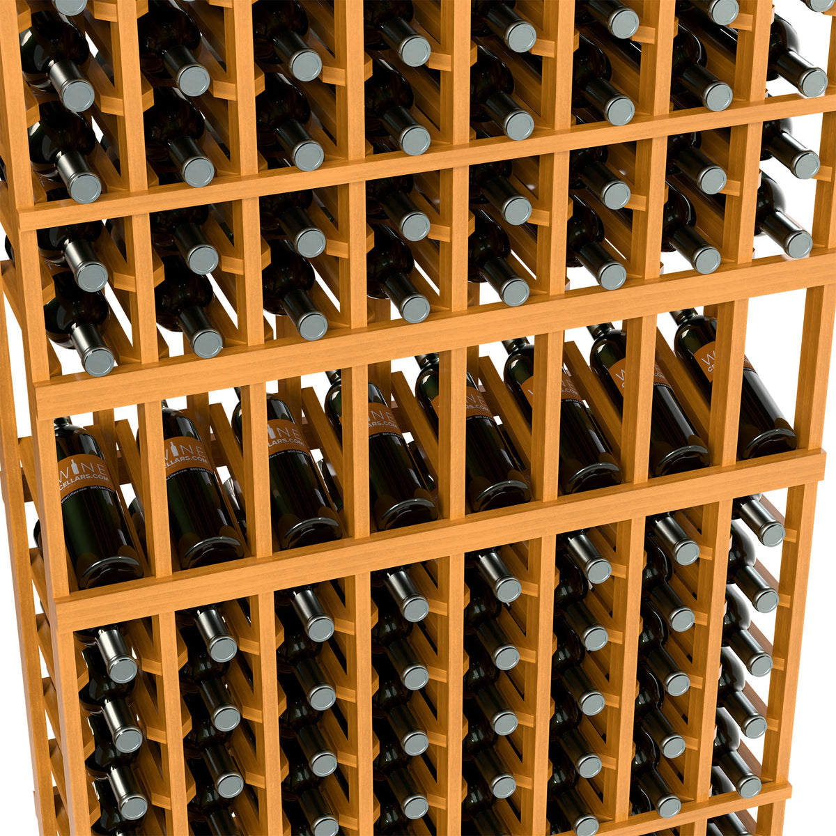 Close-up of warm wood wine rack compartments holding bottles with silver caps