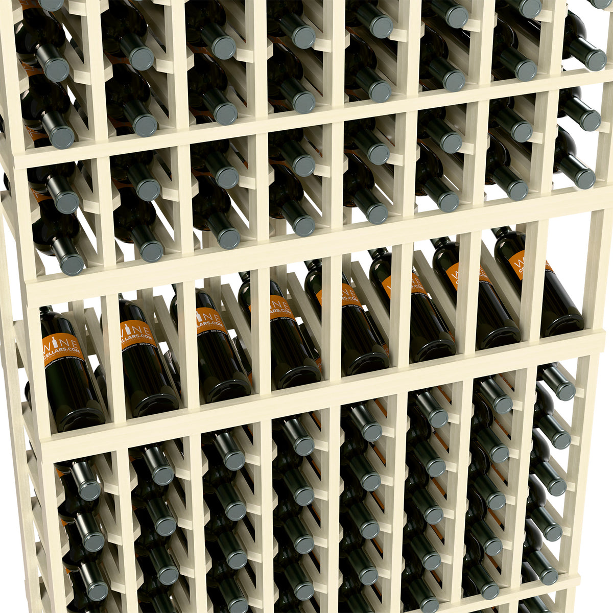 Close-up of white wine rack holding dark bottles with silver caps in rows