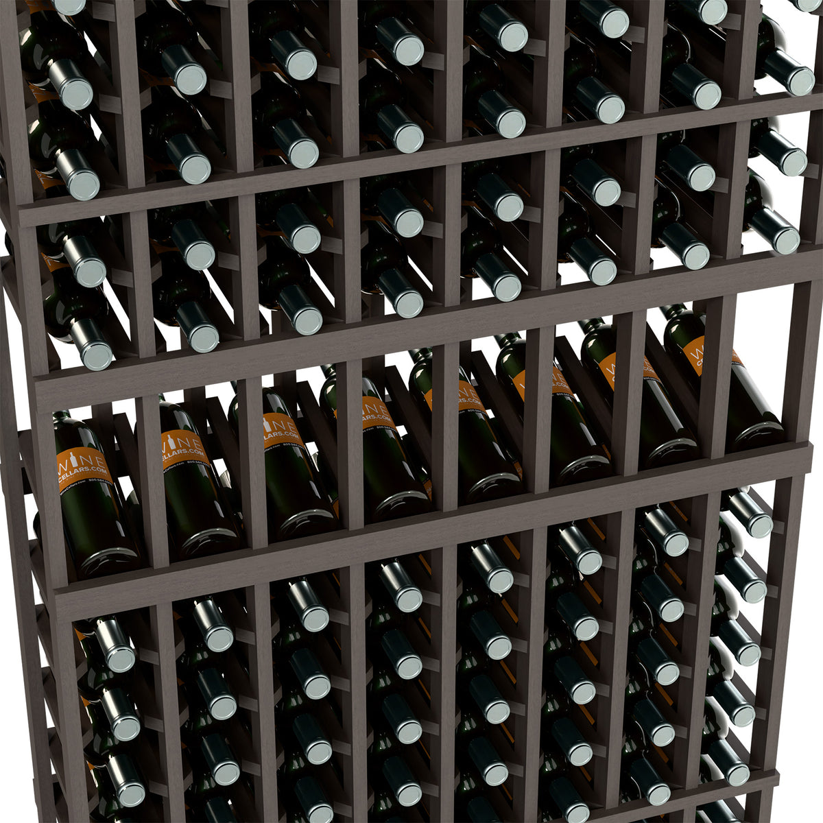 Dark gray wine bottle rack with stacked rows of bottles in circular holder slots