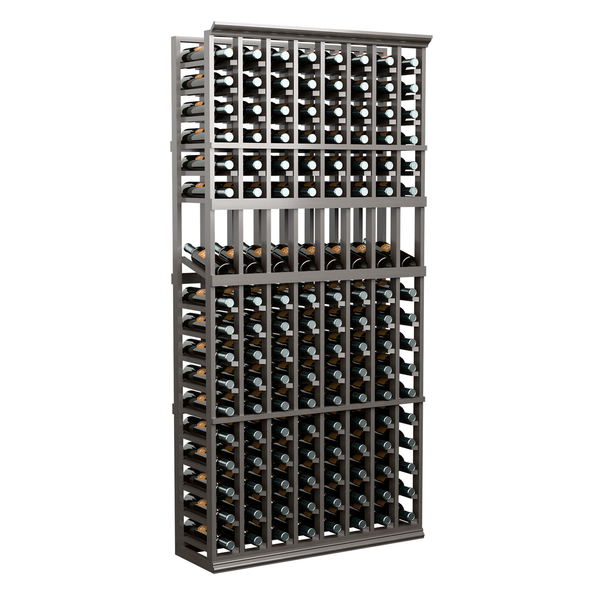 8-column wine bottle display rack, dark gray wood frame holding bottles in rows