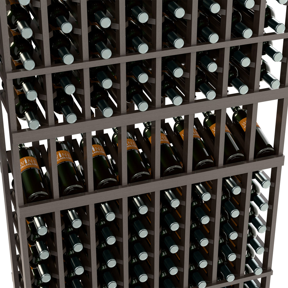 Close-up of dark gray wine bottle rack with rows of bottles and metal bottle caps