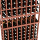 Red-brown wine bottle rack with stacked rows of bottles in circular holder slots