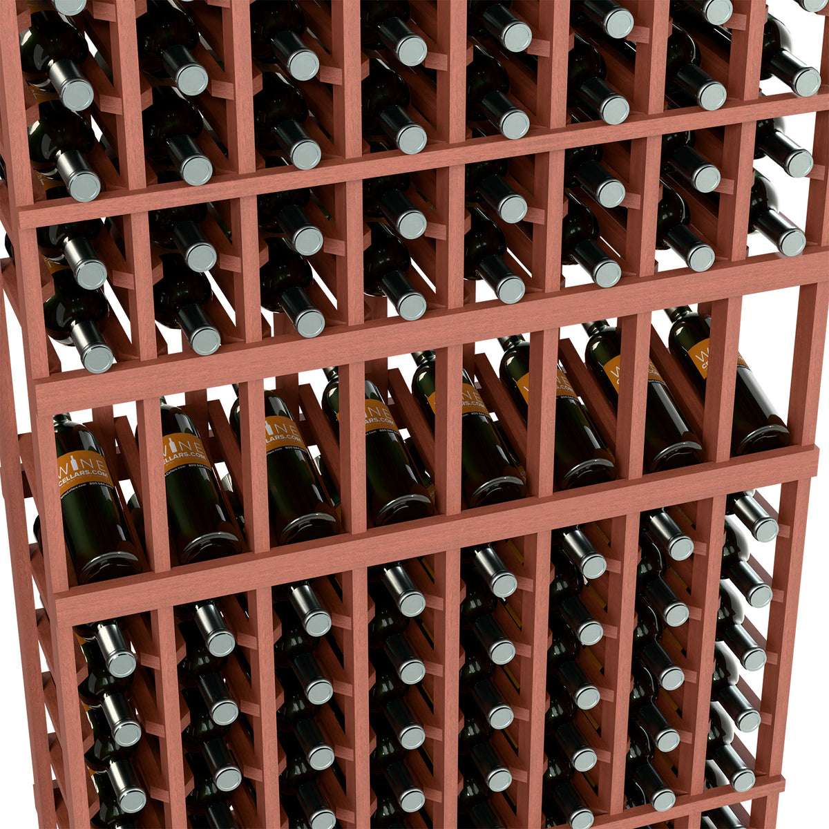 Red-brown wine bottle rack with stacked rows of bottles in circular holder slots