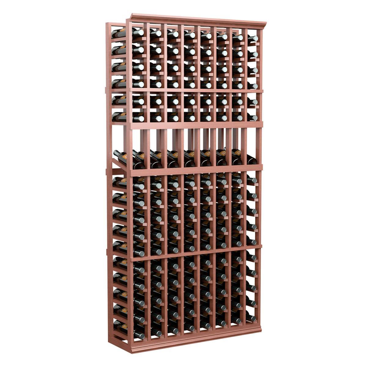 8-column wine bottle display rack, red-brown frame holding bottles in separated rows