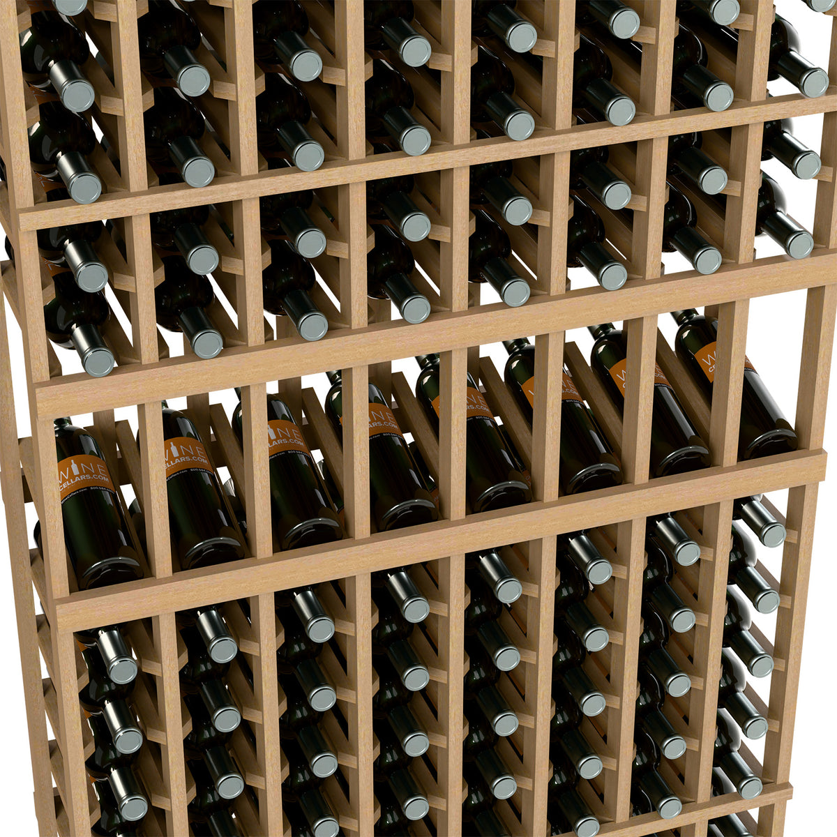 Light wood wine bottle rack with stacked rows of bottles in circular holder slots