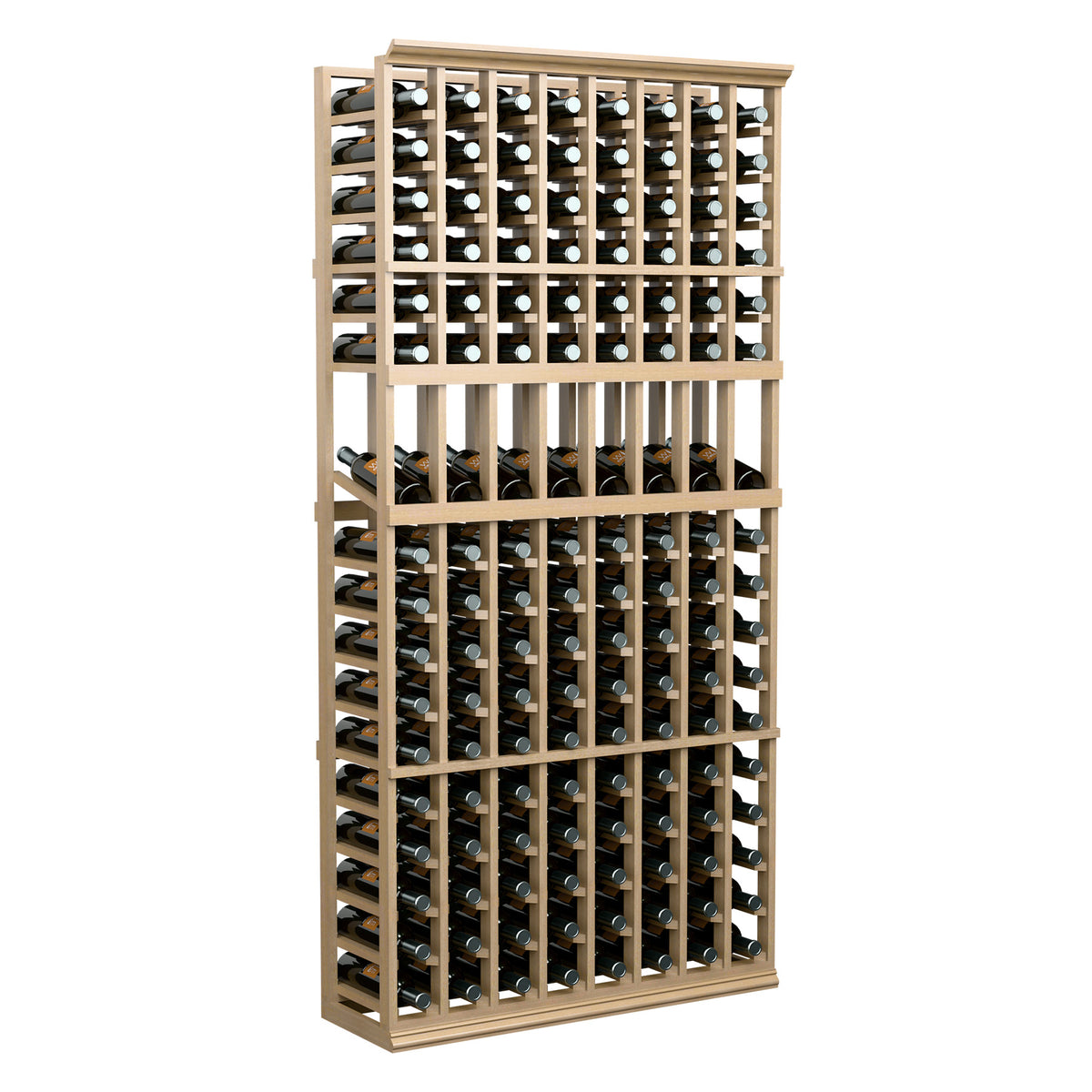 Light wood 8-column wine display rack with bottle slots and visible bottle caps