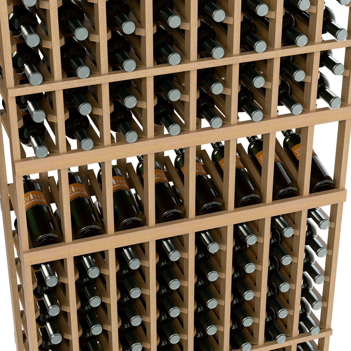 Closeup of light wood wine rack holding dark bottles with silver caps