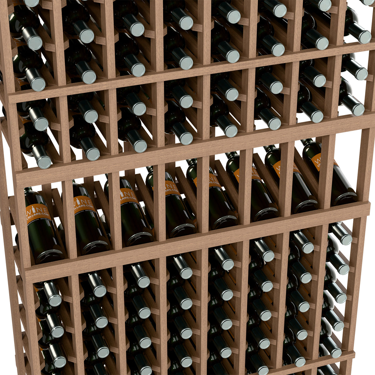 Angled closeup of light wood wine rack with dark bottles and silver bottle caps