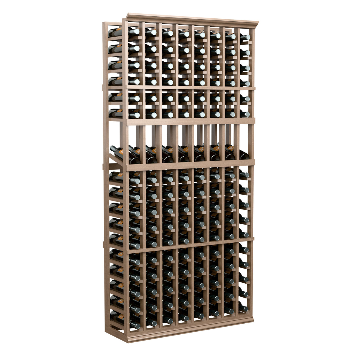 Light wood 8-column wine display rack with multiple rows of bottle storage