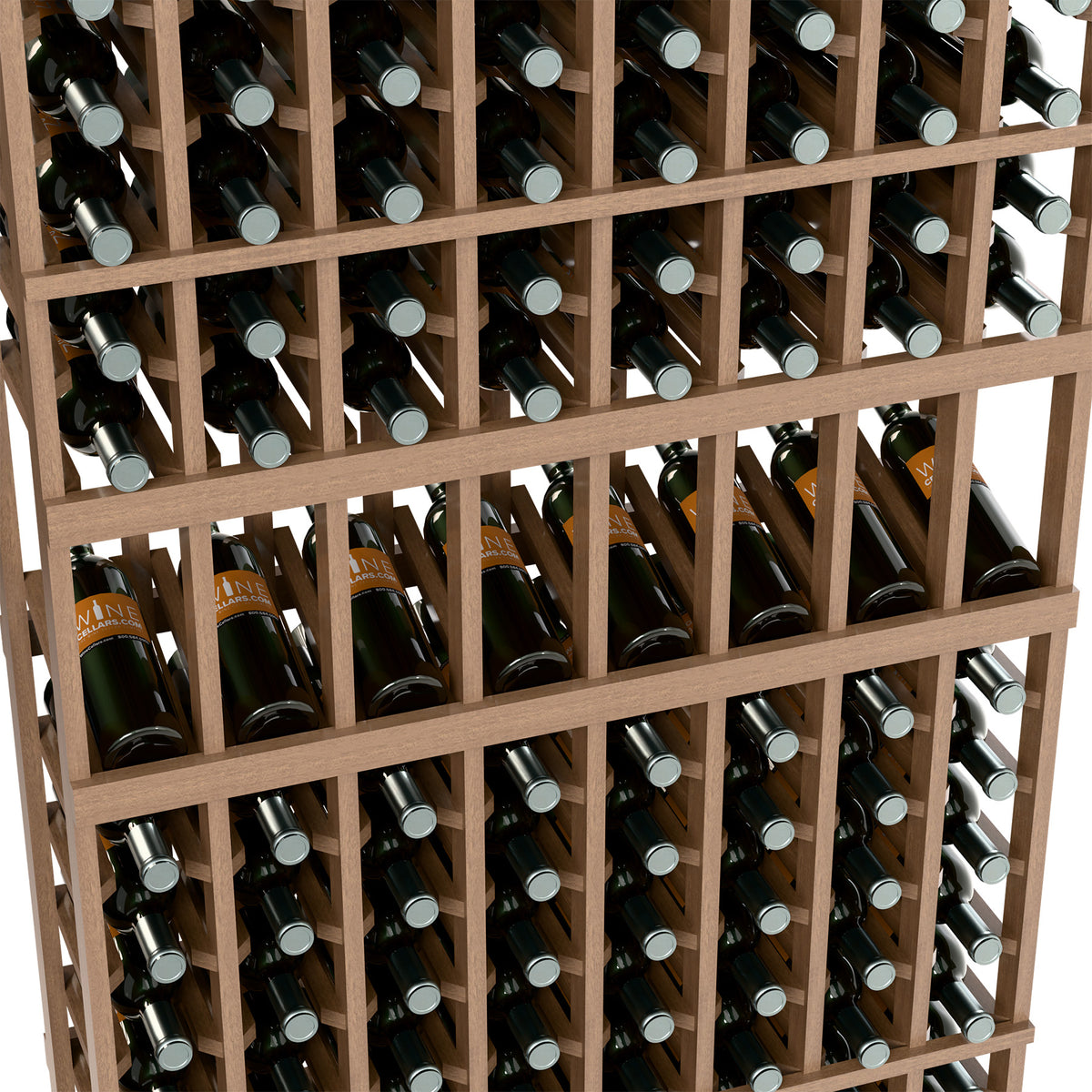 Closeup of light wood wine rack showing rows of dark bottles with silver caps