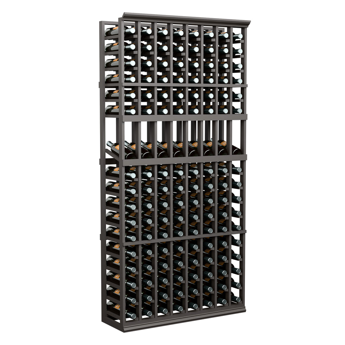 Grey 8-column wine display rack with bottle slots and rows of dark bottles