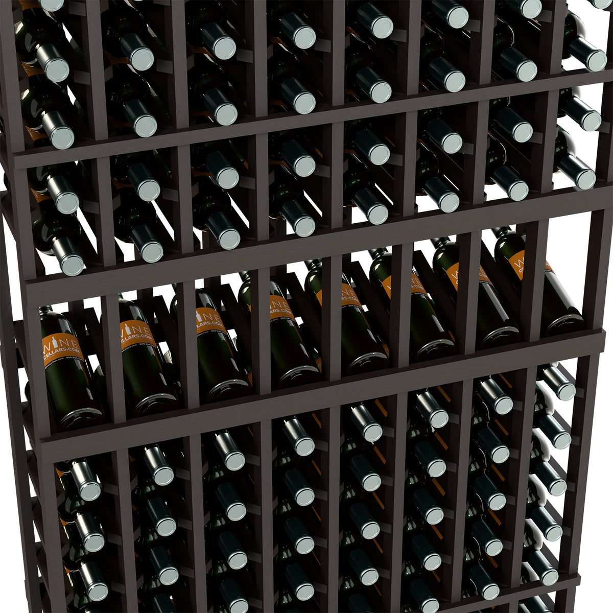 Closeup of black 8-column wine rack holding dark bottles with silver caps