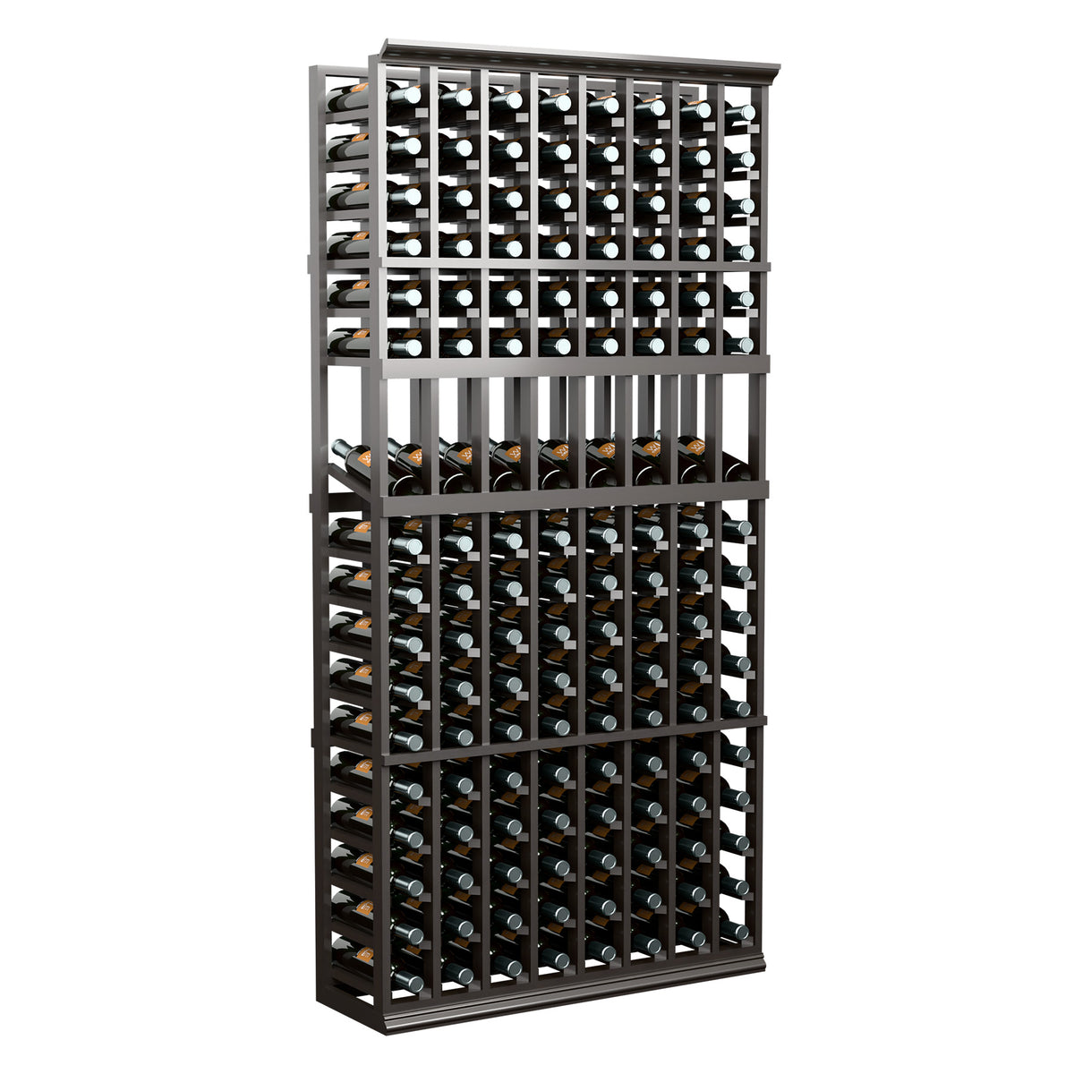 Grey wine display rack with 8-column bottle slots and multiple rows of bottles