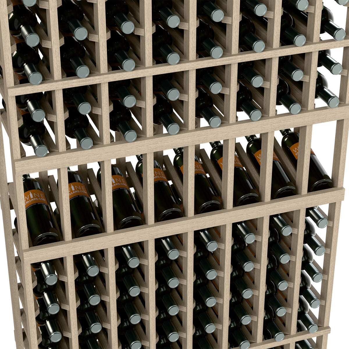 Close-up of 8 column wine rack: wine bottles in cubby slots, light stained wood frame