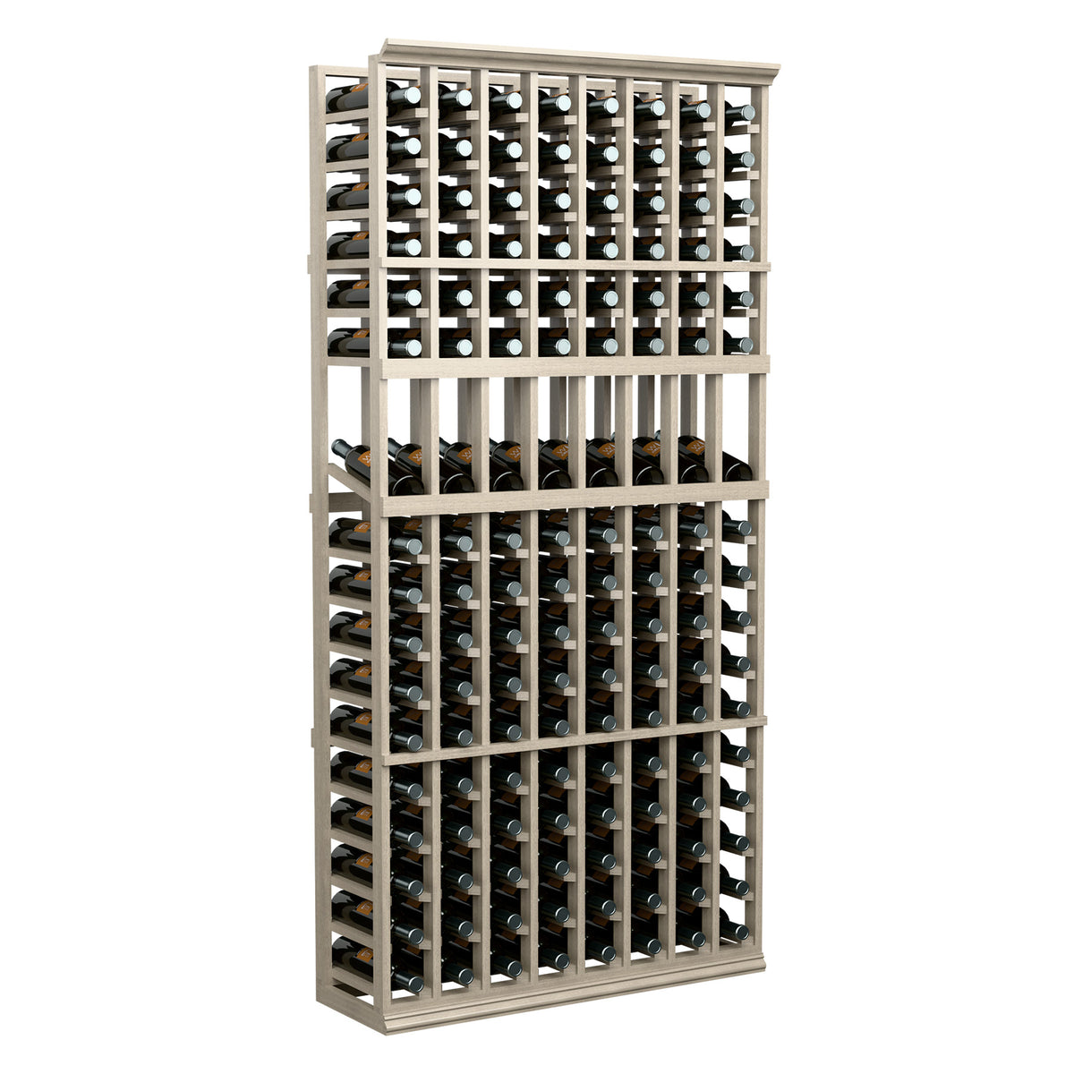 8 column wine bottle display rack, light stained frame with multiple bottle rows