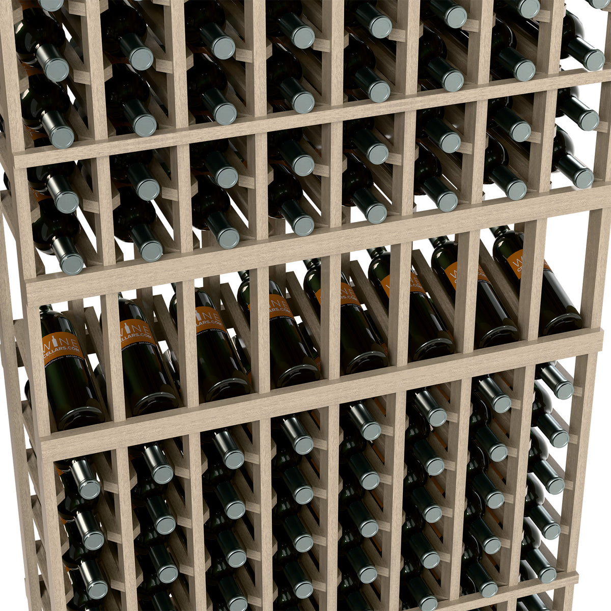 Close-up of 8 column wine bottle rack with bottle slots and light stained frame
