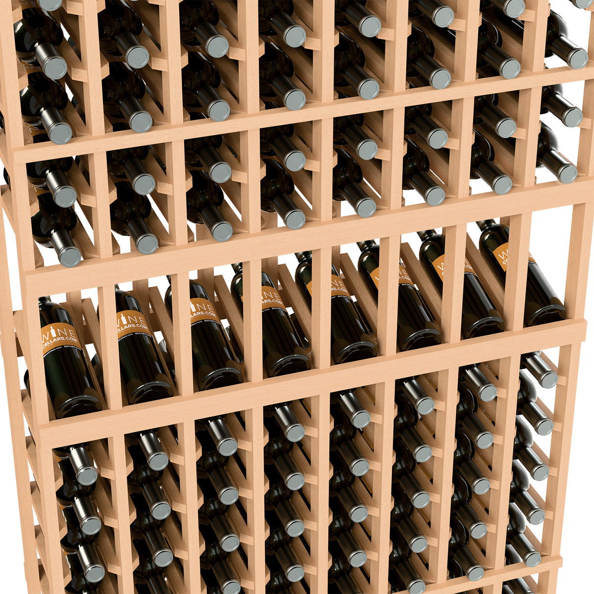 Close-up of 8 column wine rack: bottles stored upright in natural wood cubbies