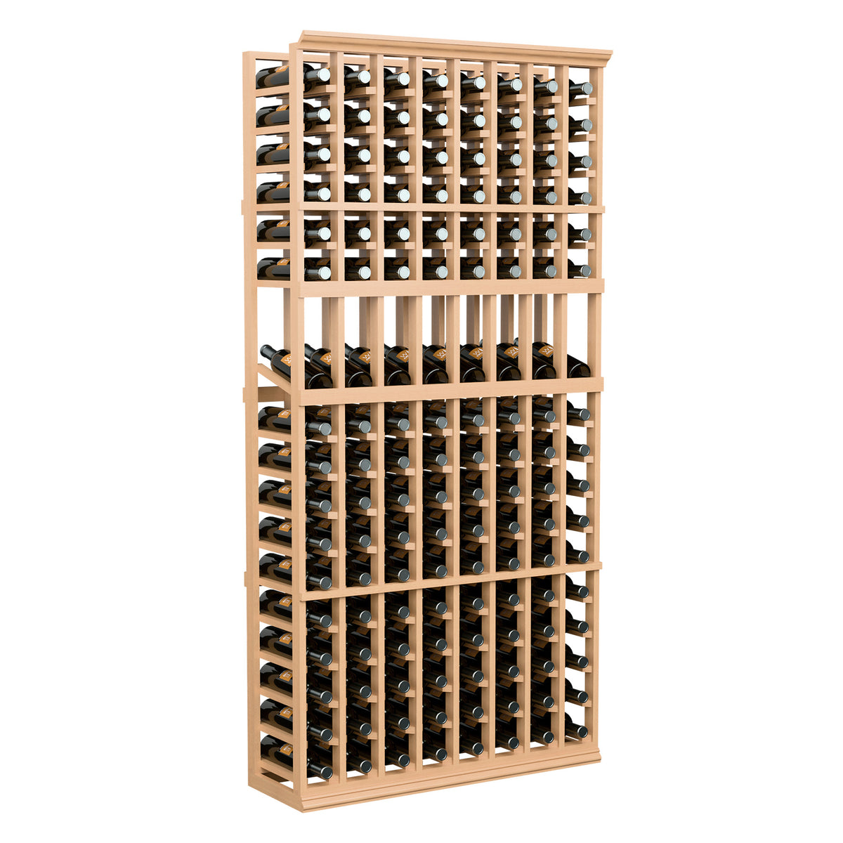 8 column wine bottle display rack, natural wood frame with stacked bottle rows