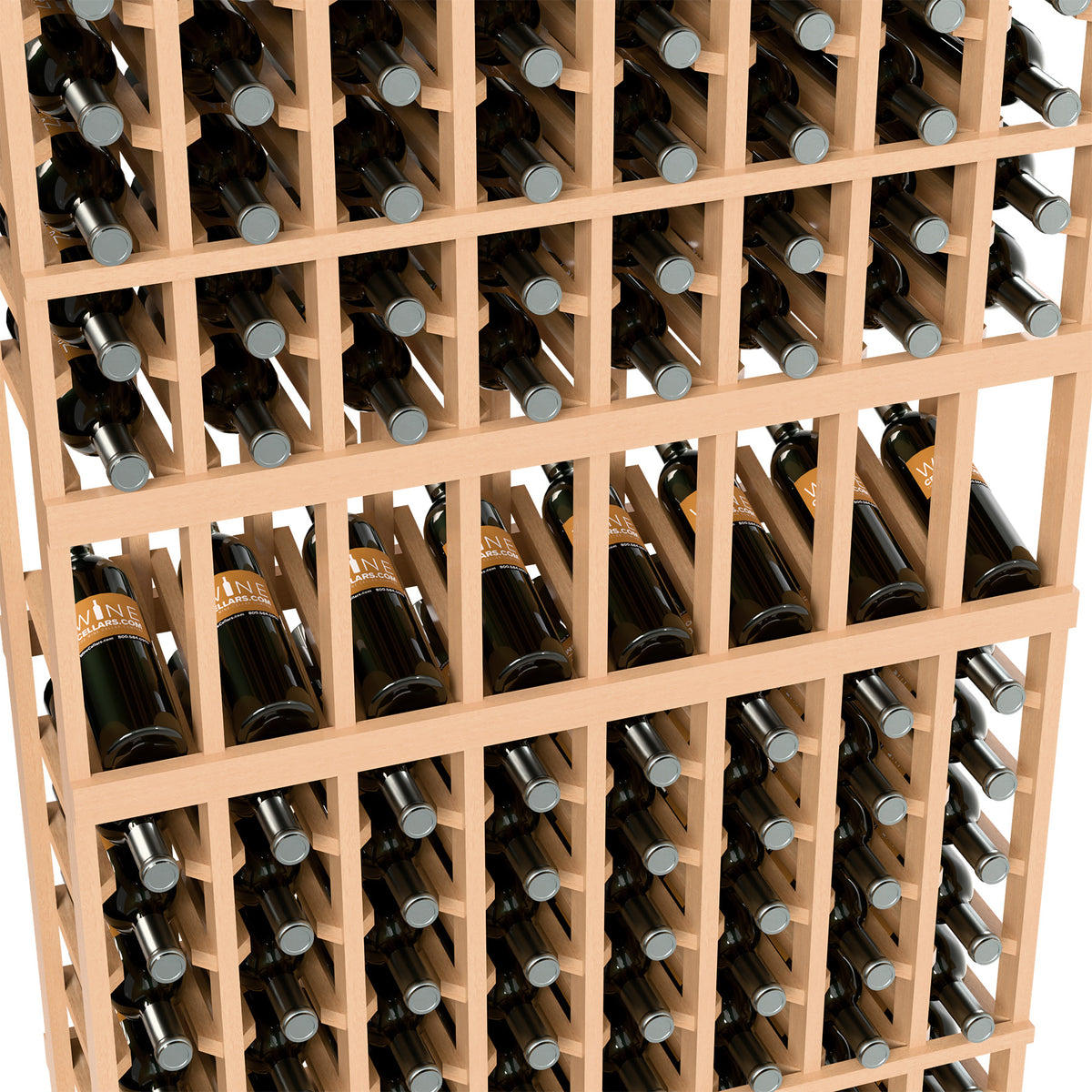 Close-up of 8 column wine bottle rack with upright bottle slots and natural frame