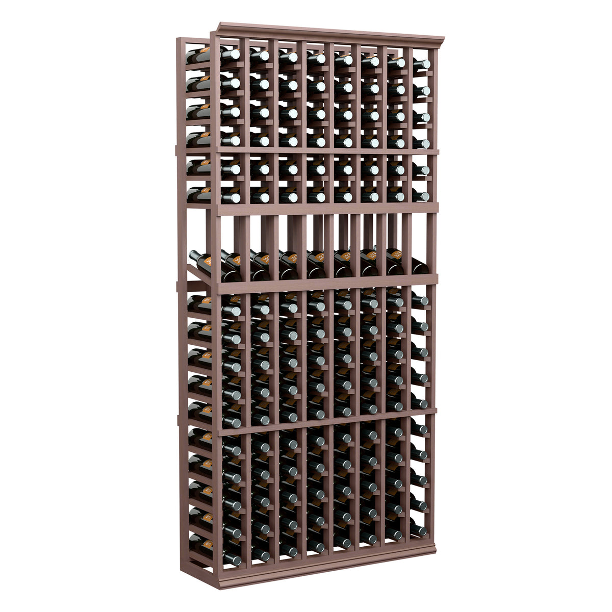 8 column wine bottle display rack, dark stained frame with multiple bottle rows