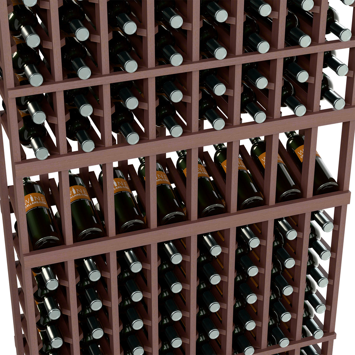 Close-up of 8 column wine rack: wine bottles in slots, dark stained wood frame