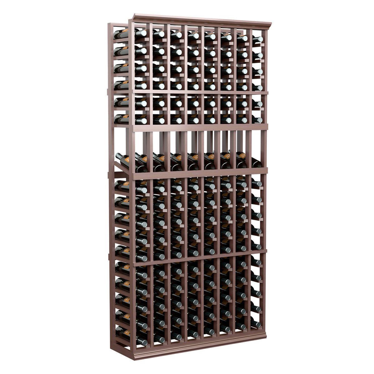 8-column wine display rack with dark wood frame, holding rows of wine bottles