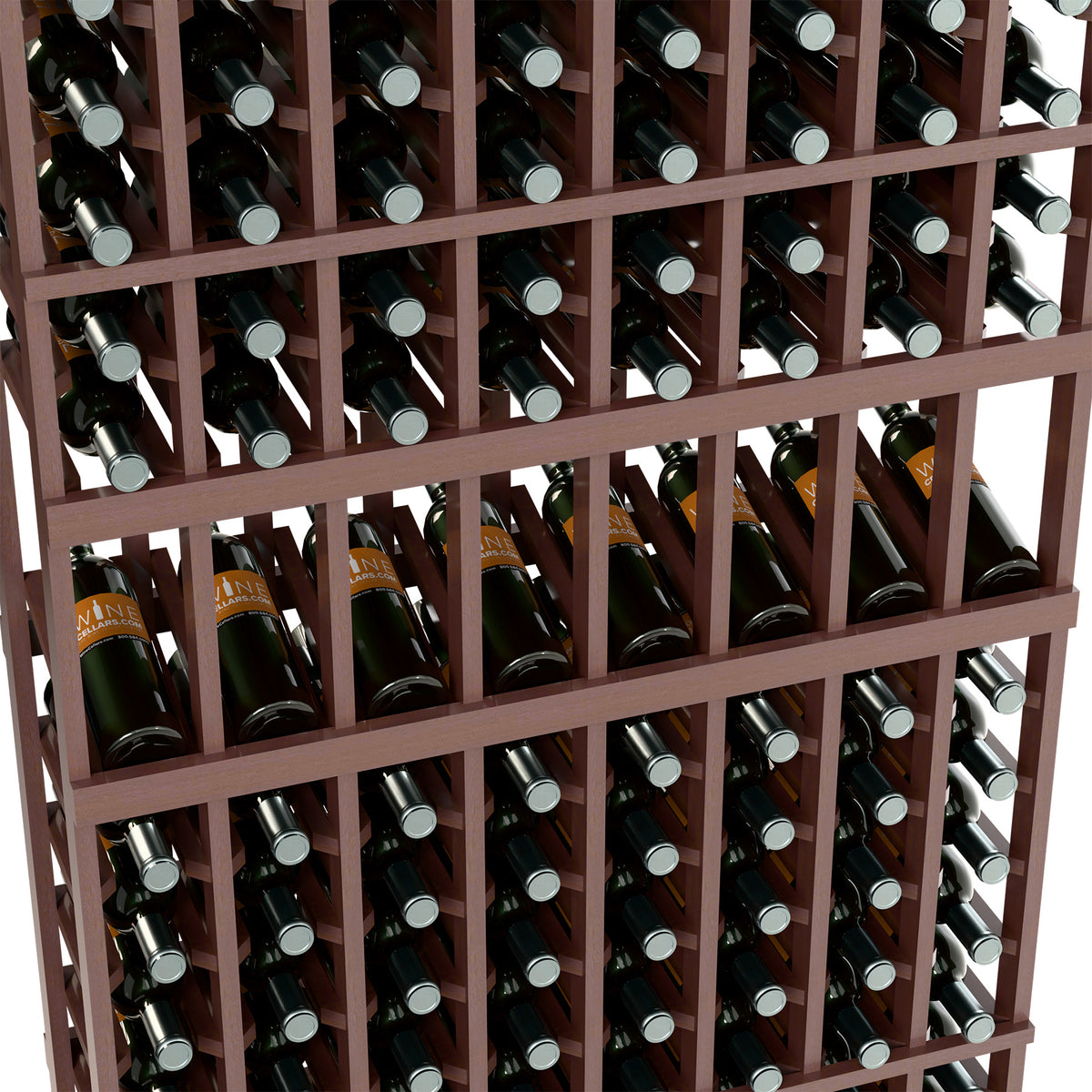 Dark wood wine display rack close-up with multiple rows of capped wine bottles