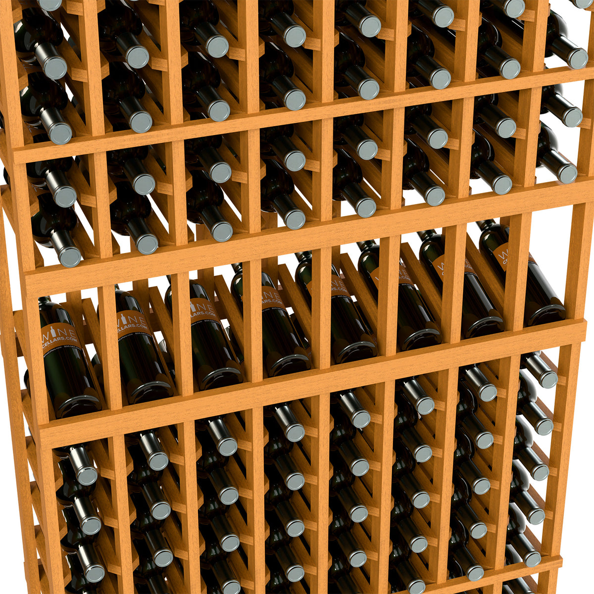 Light wood wine display rack close-up with rows of capped wine bottles