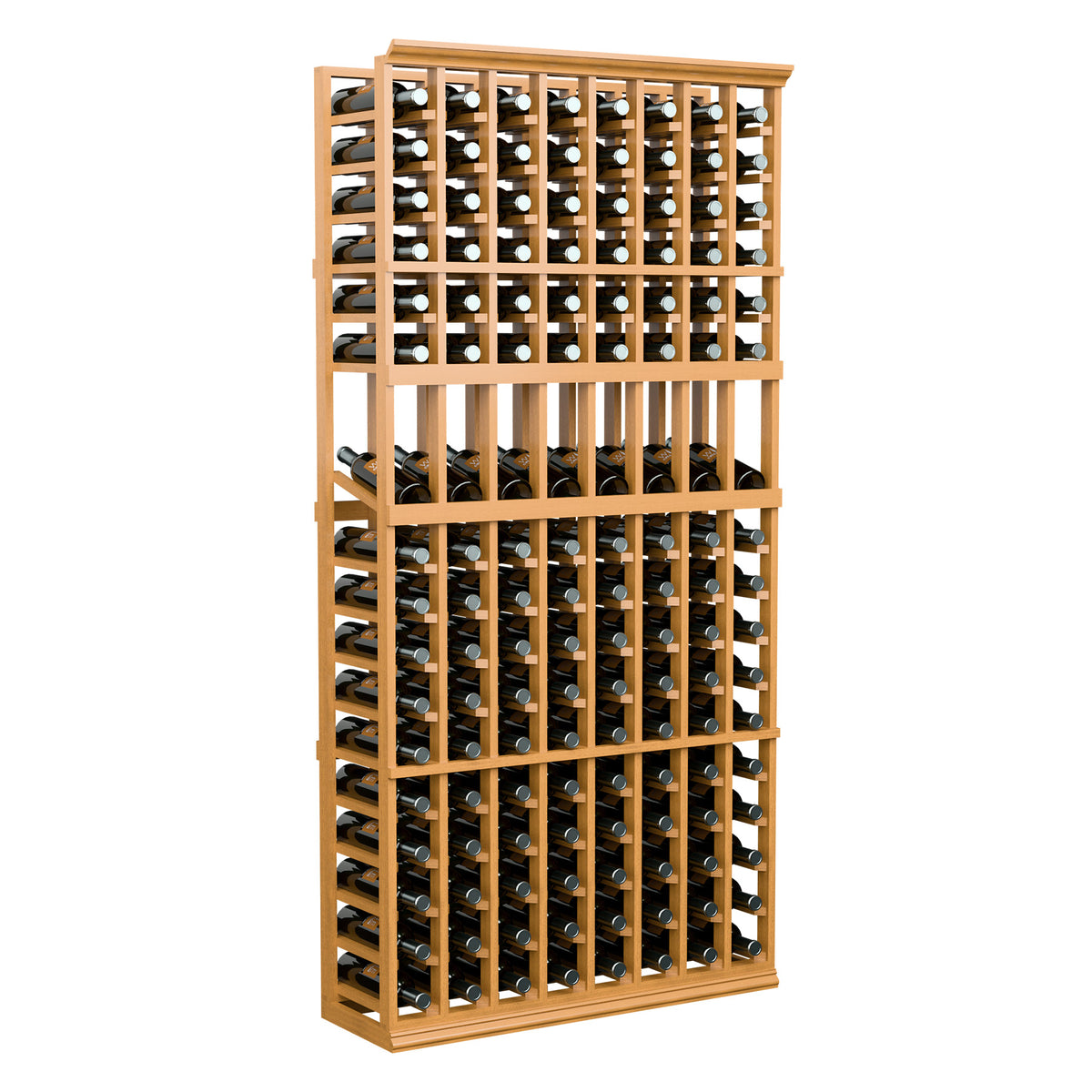 8-column wine display rack with light wood frame, showing stacked wine bottles