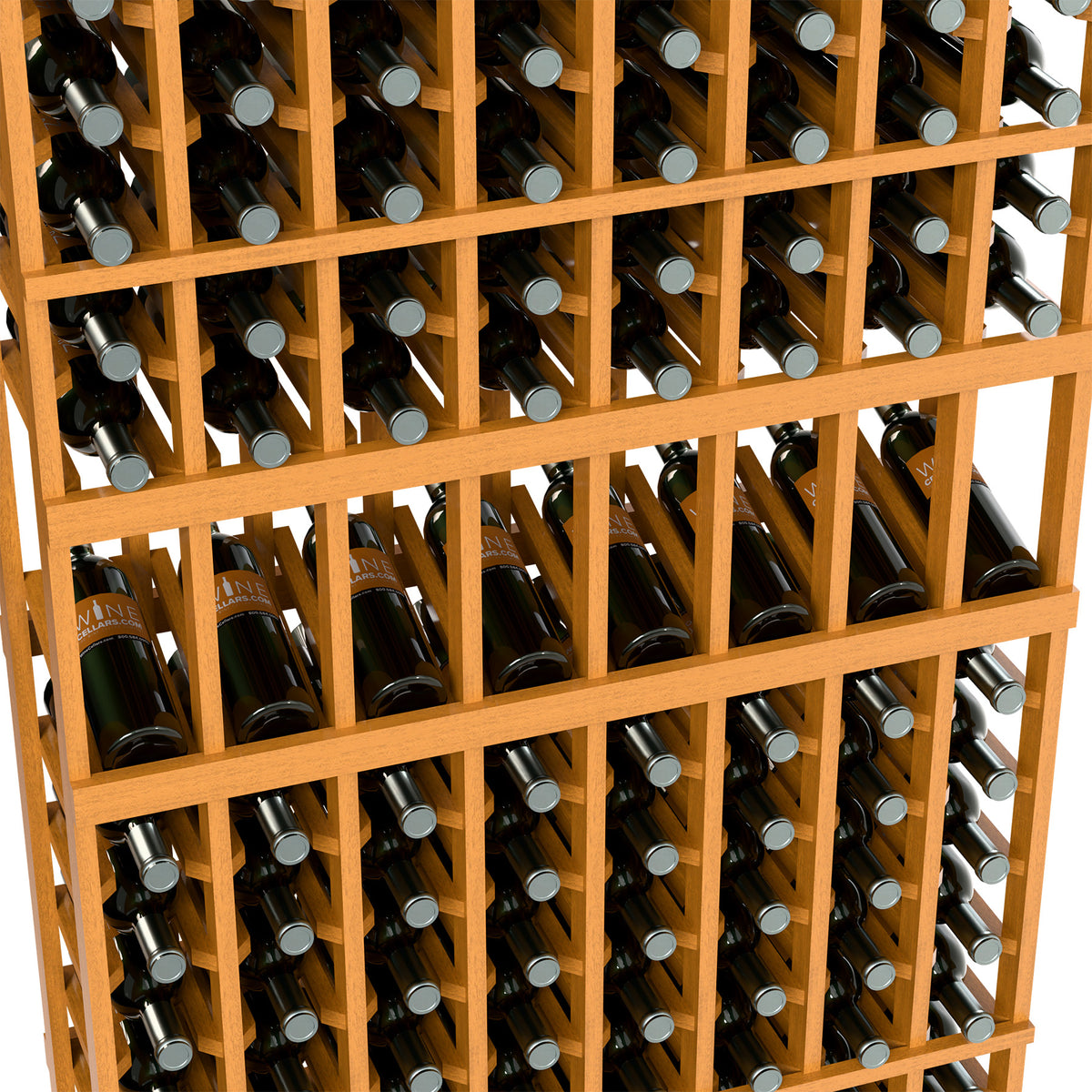Light wood wine display rack close-up with capped wine bottles in grid slots