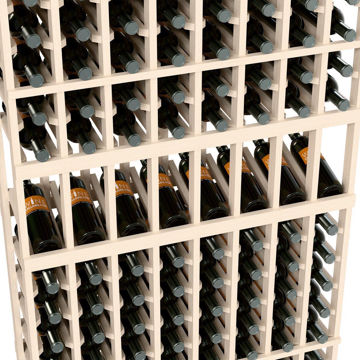 Whitewashed wood wine display rack close-up with capped wine bottles in compartments