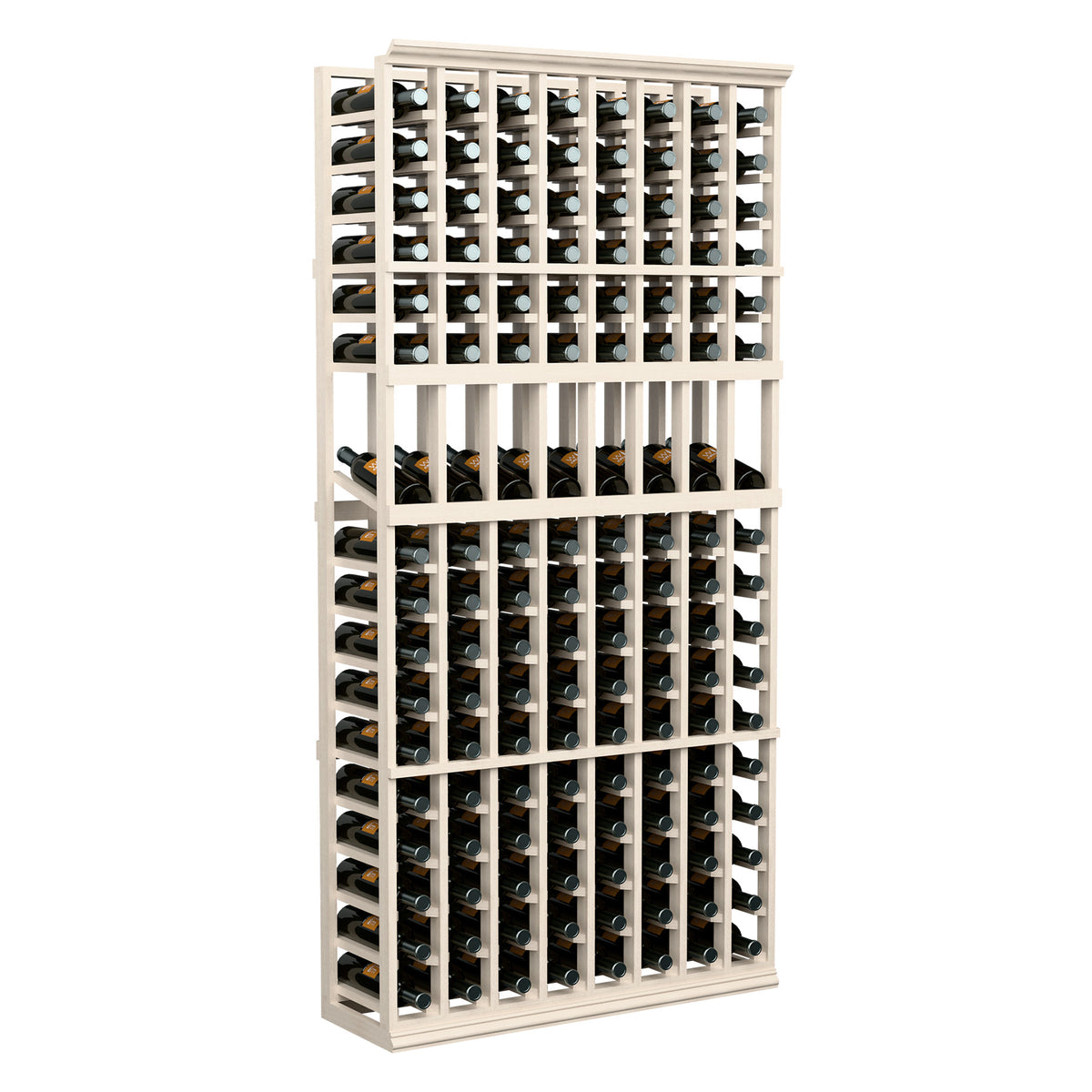 8-column wine display rack with whitewashed frame, displaying rows of wine bottles