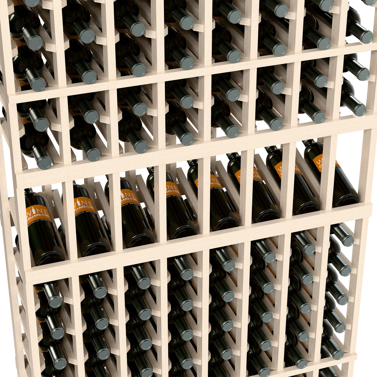 Whitewashed wood wine display rack close-up with multiple rows of wine bottles