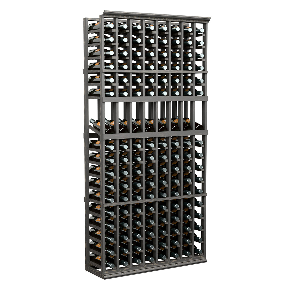 8-column wine bottle display rack, 6 ft, black frame with bottle slots