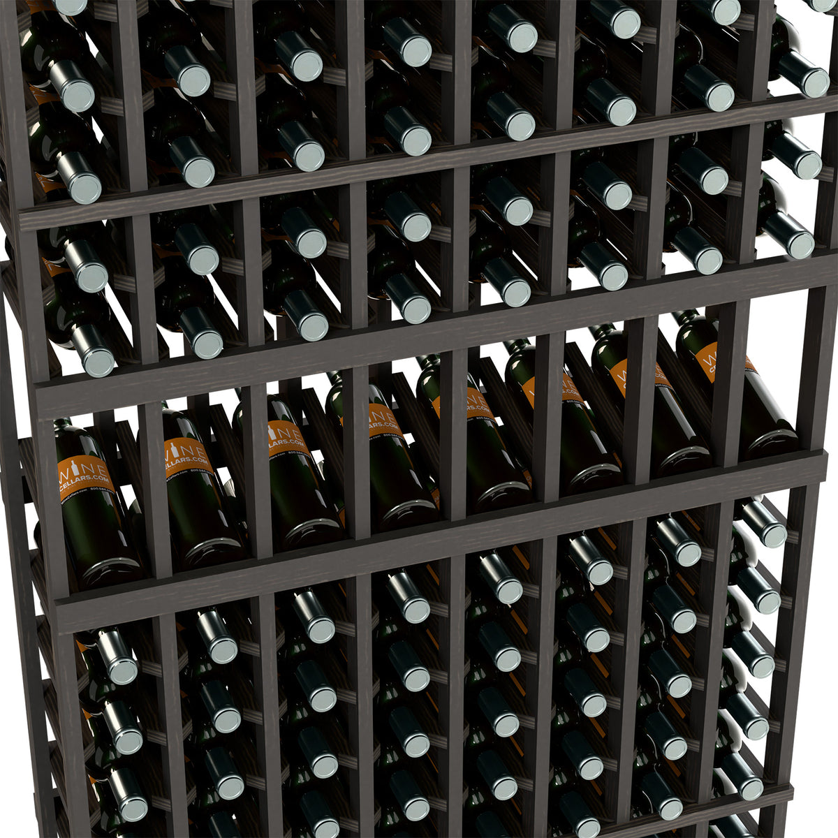 Close-up of wine bottle rack rows with bottle necks and silver caps
