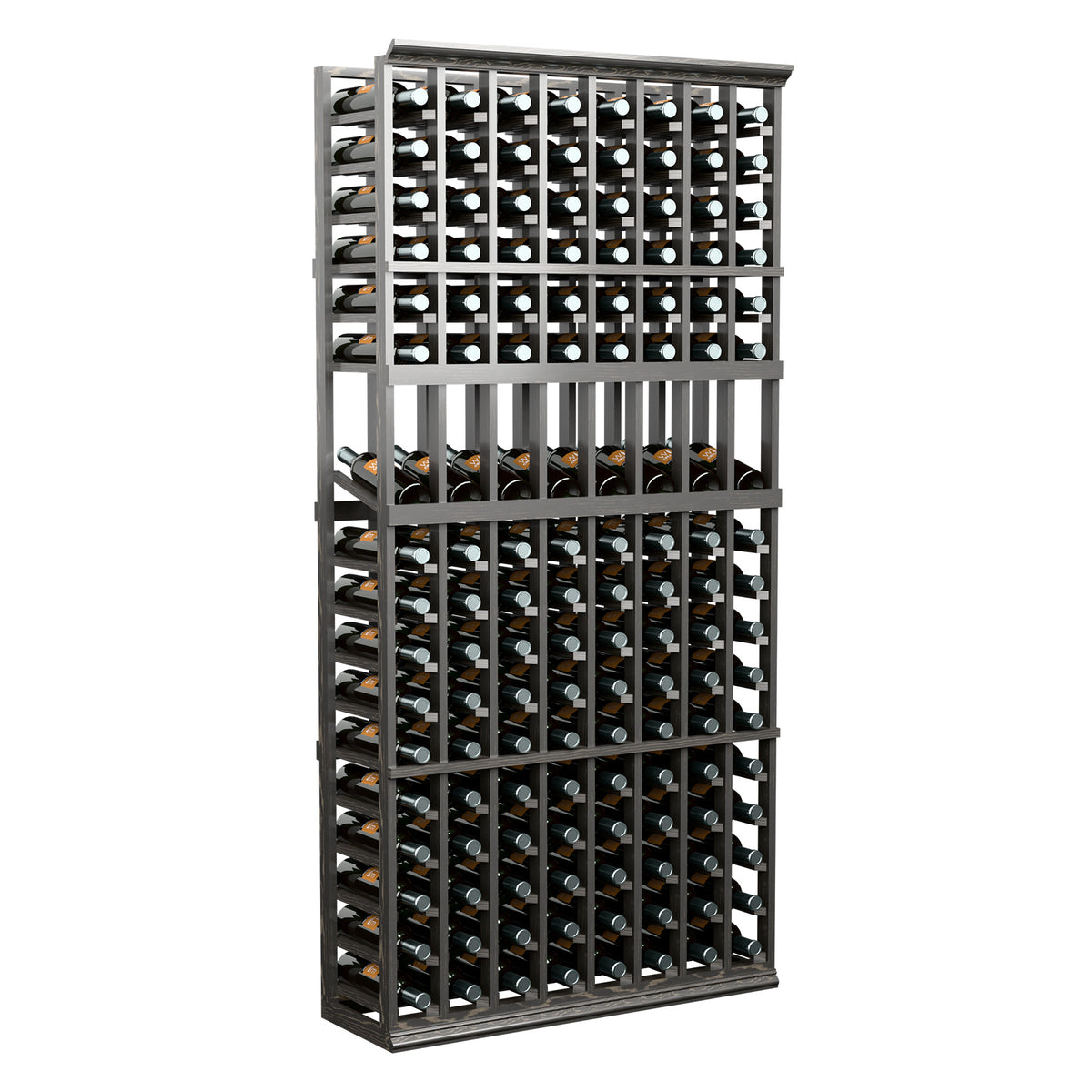 8-column wine bottle display rack, 6 ft, gray frame with wine bottle storage