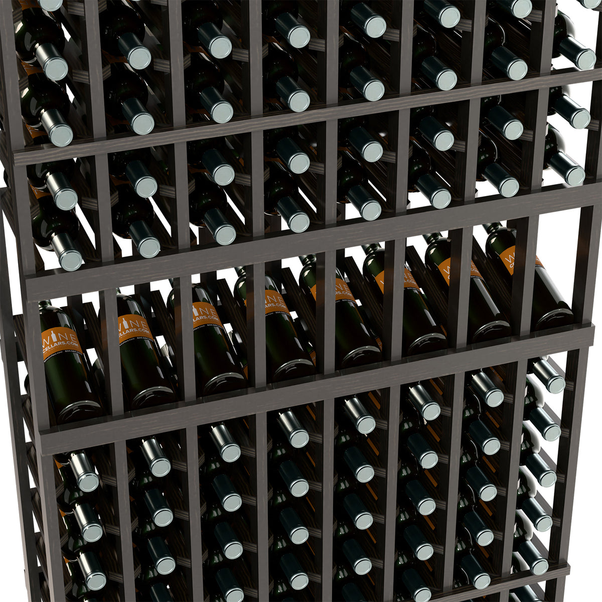 Close-up of wine bottle rack with silver-capped bottles in gray wooden slots
