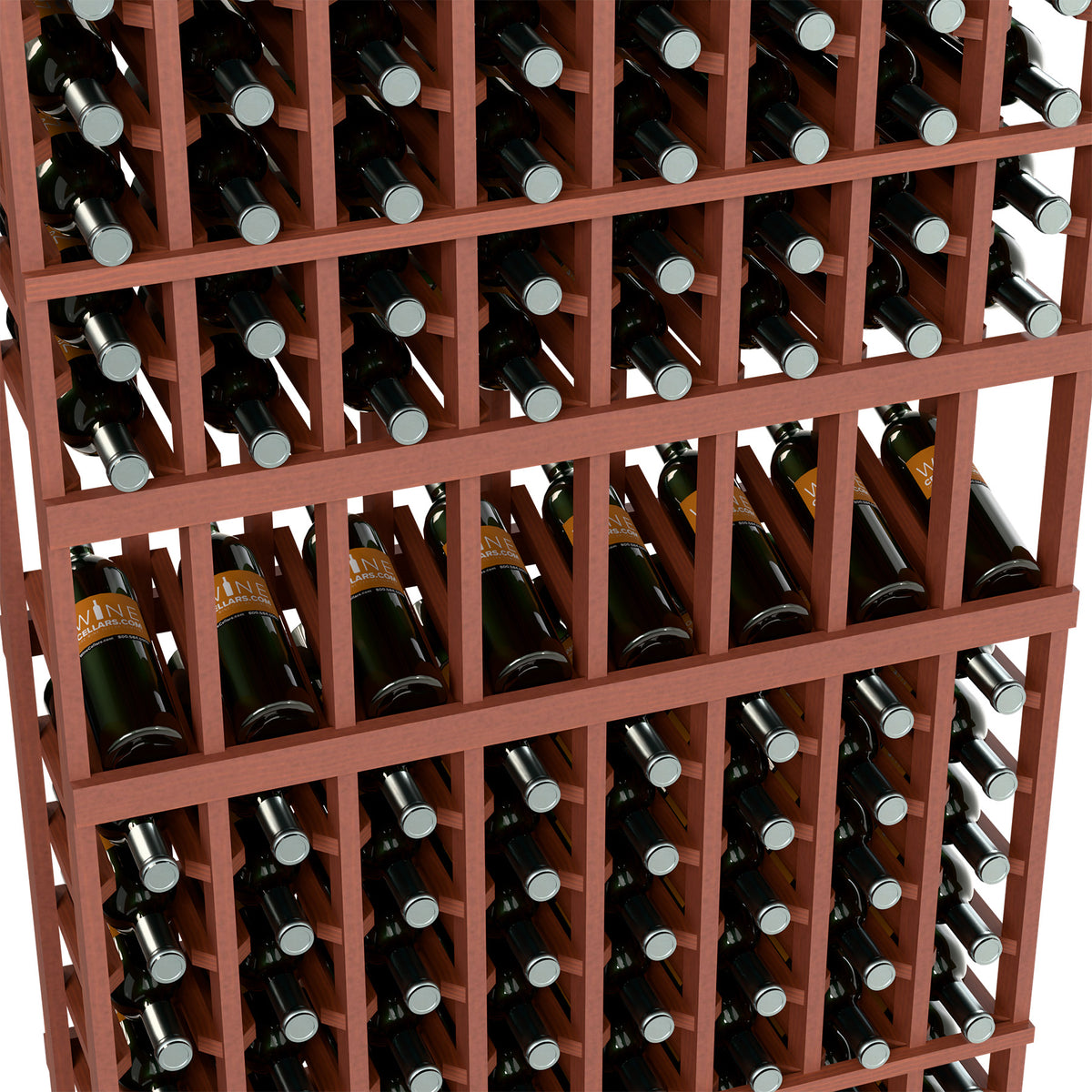 Close-up of wine bottle rack rows with bottle necks and silver caps in wood