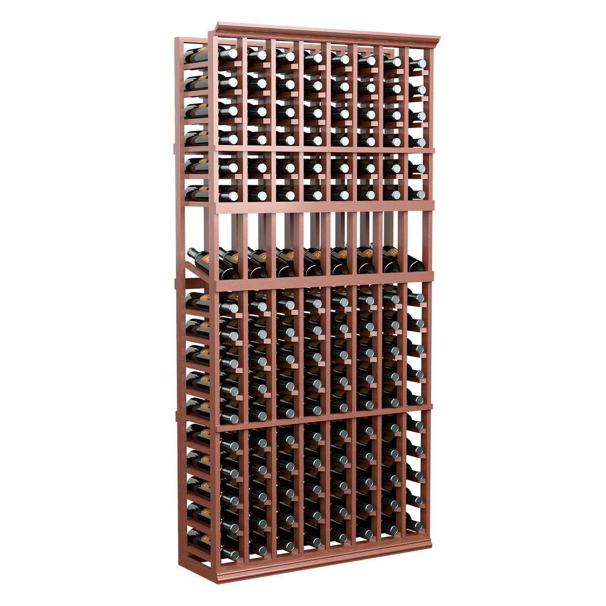 8-column wine bottle display rack, 6 ft, light brown frame with organized bottle rows