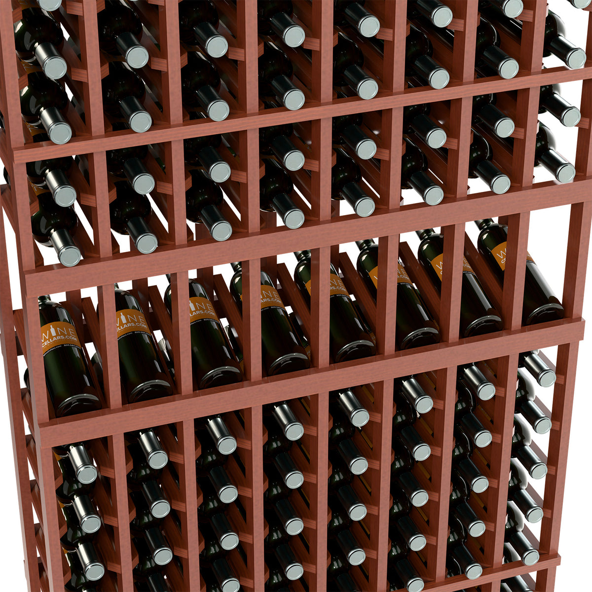 Close-up of wine bottle rack with silver-capped bottles in light wood slots