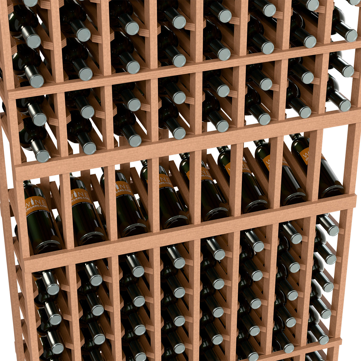 Close-up of wine bottle rack with silver-capped bottles in light wood compartments