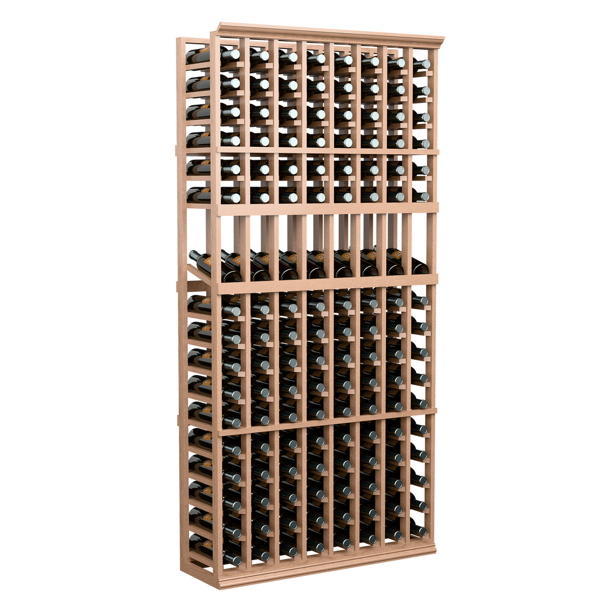 6FT 8-column wine bottle display rack with light wood frame and vertical slots