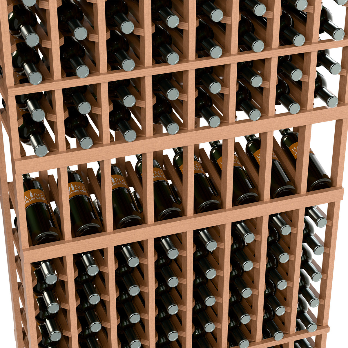 Close view of 8-column wine rack with light wood dividers holding bottles