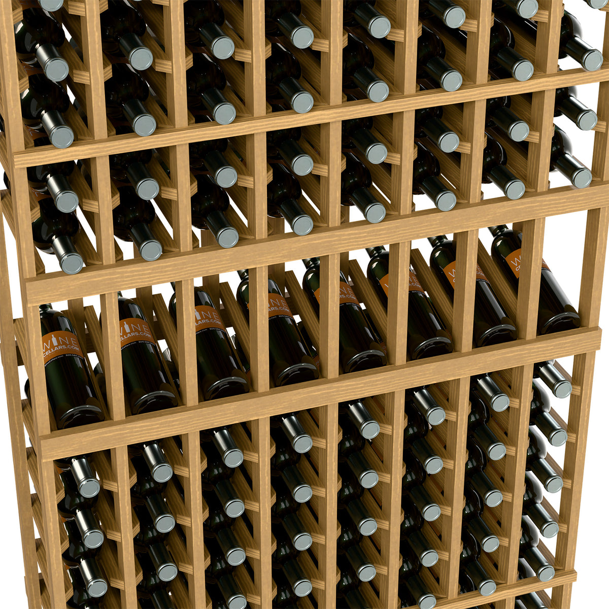 Close-up of light wood wine rack holding bottles in an 8-column grid