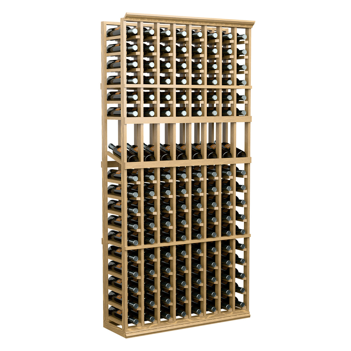 6FT 8-column wine bottle display rack with light wood frame and multiple bottle rows